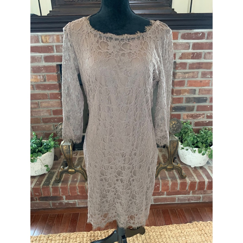 Boston Proper Chocolate Brown Lace Sheath Dress Deep V-Back Eyelash Trim Size 12